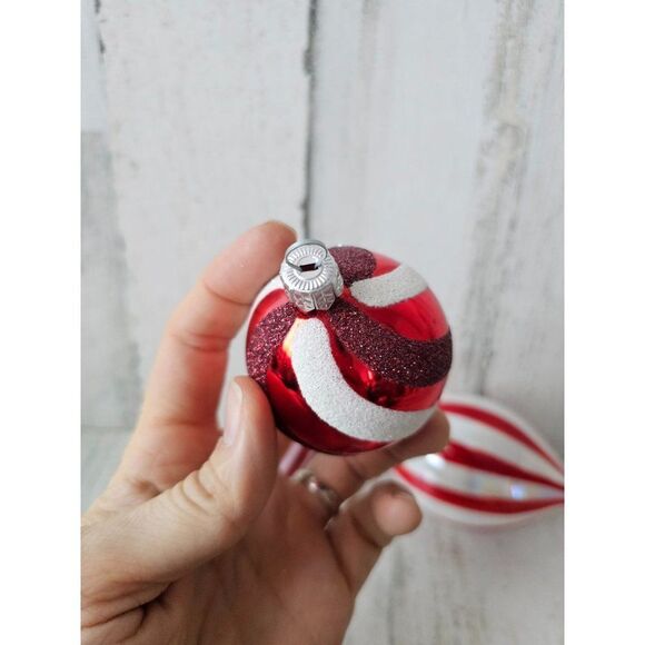 Striped reflector red ornament teardrop ball set lot Xmas tree large - Picture 6 of 13